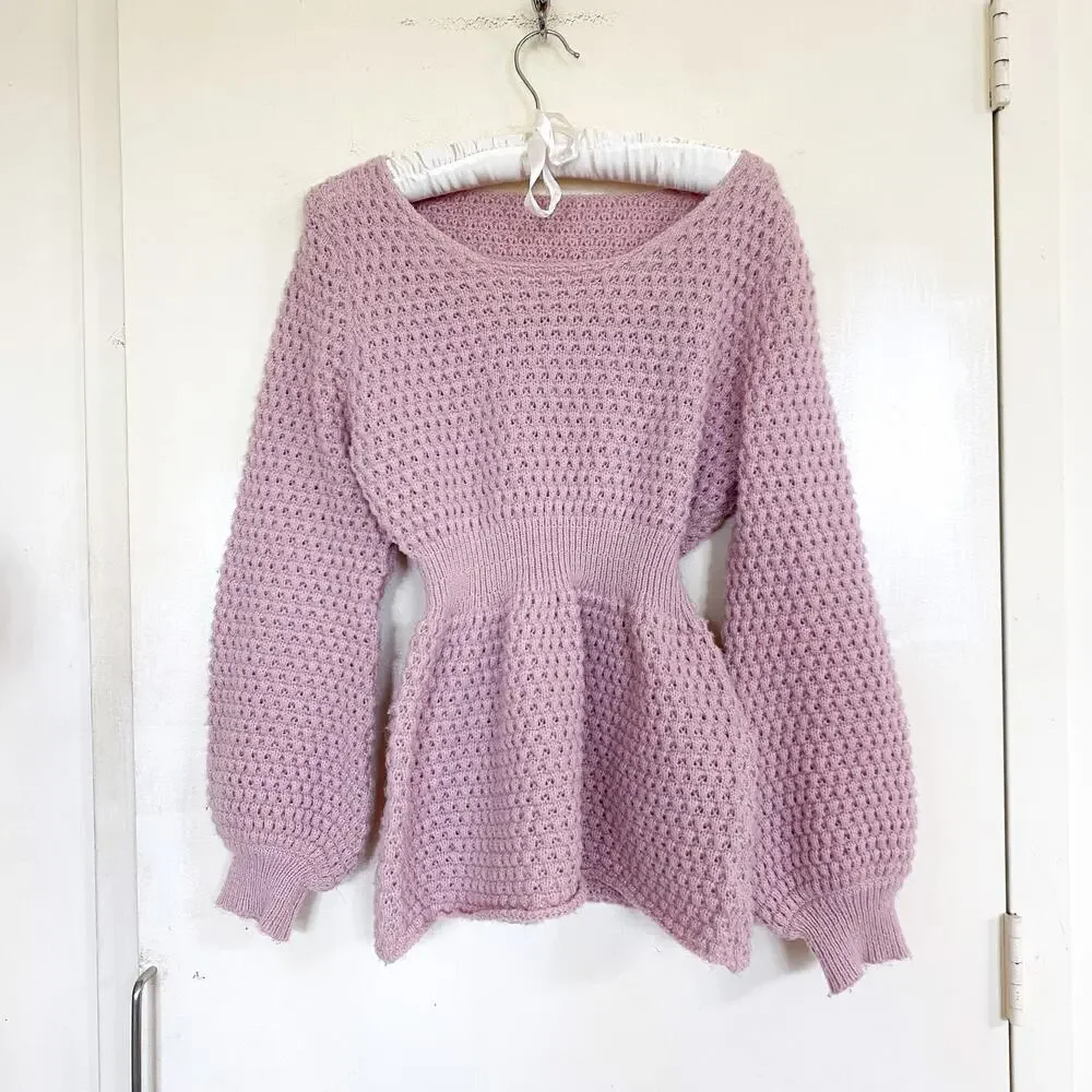 Pink Knitted Balloon Sleeve Peplum Sweater Ditsy Twee Pastel Cottagecore NWOT